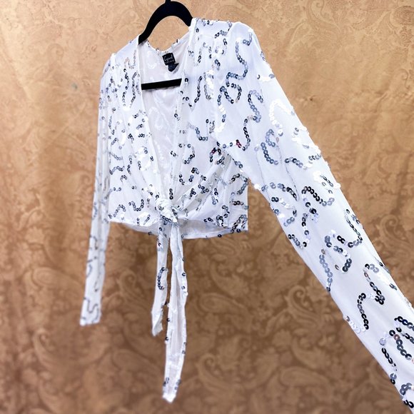 90s Y2k Women's Sequin Luxury Shrug Cejon Tie Front Mesh Crop Top - Picture 3 of 12
